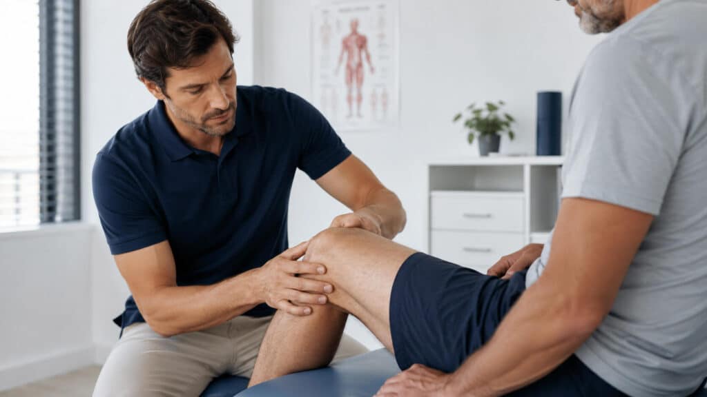 Kinésithérapeute du sport examinant le genou d'un patient lors d'une consultation pour diagnostiquer une douleur articulaire