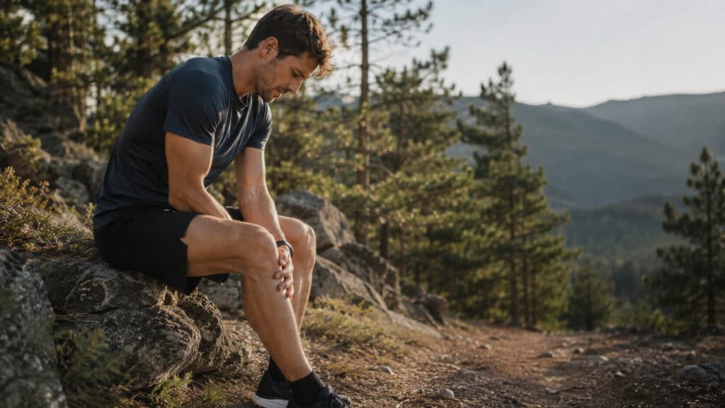 Coureur amateur ressentant une douleur au genou pendant une sortie trail en montagne