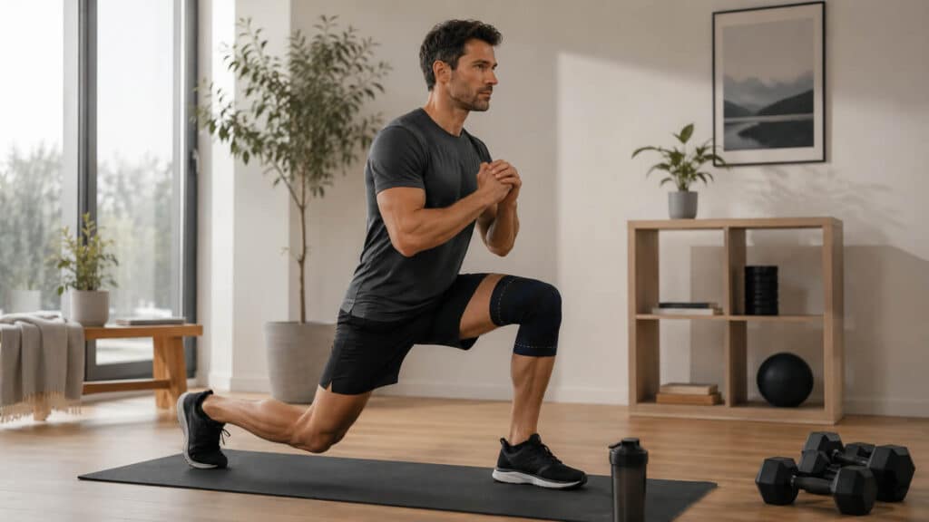 Sportif amateur réalisant un exercice de fente avec genouillère de compression pour renforcer ses quadriceps et stabiliser son genou